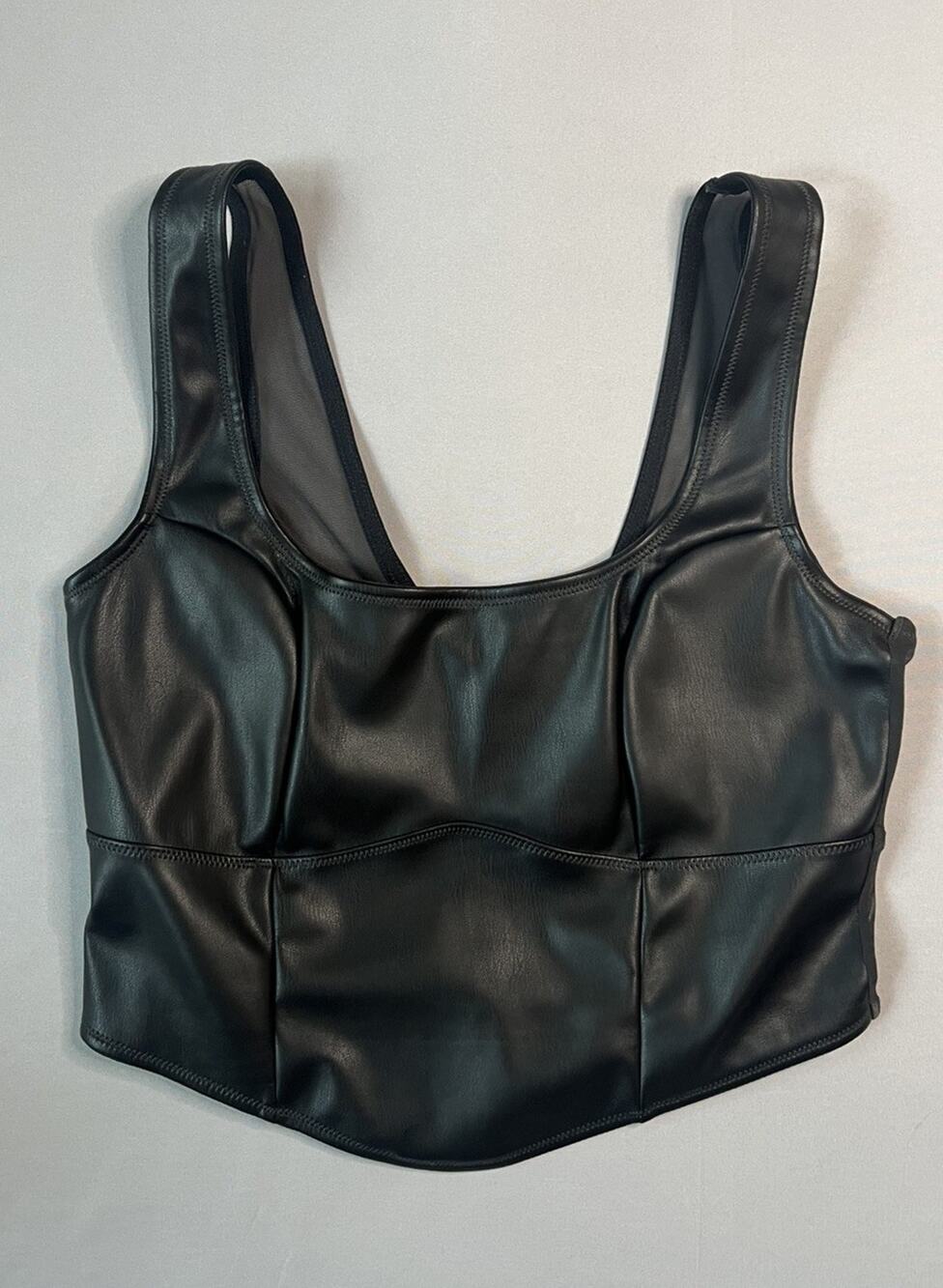 Solid Black Mesh Faux Leather Corset Top Wide Strap Wireless Sleeveless Large